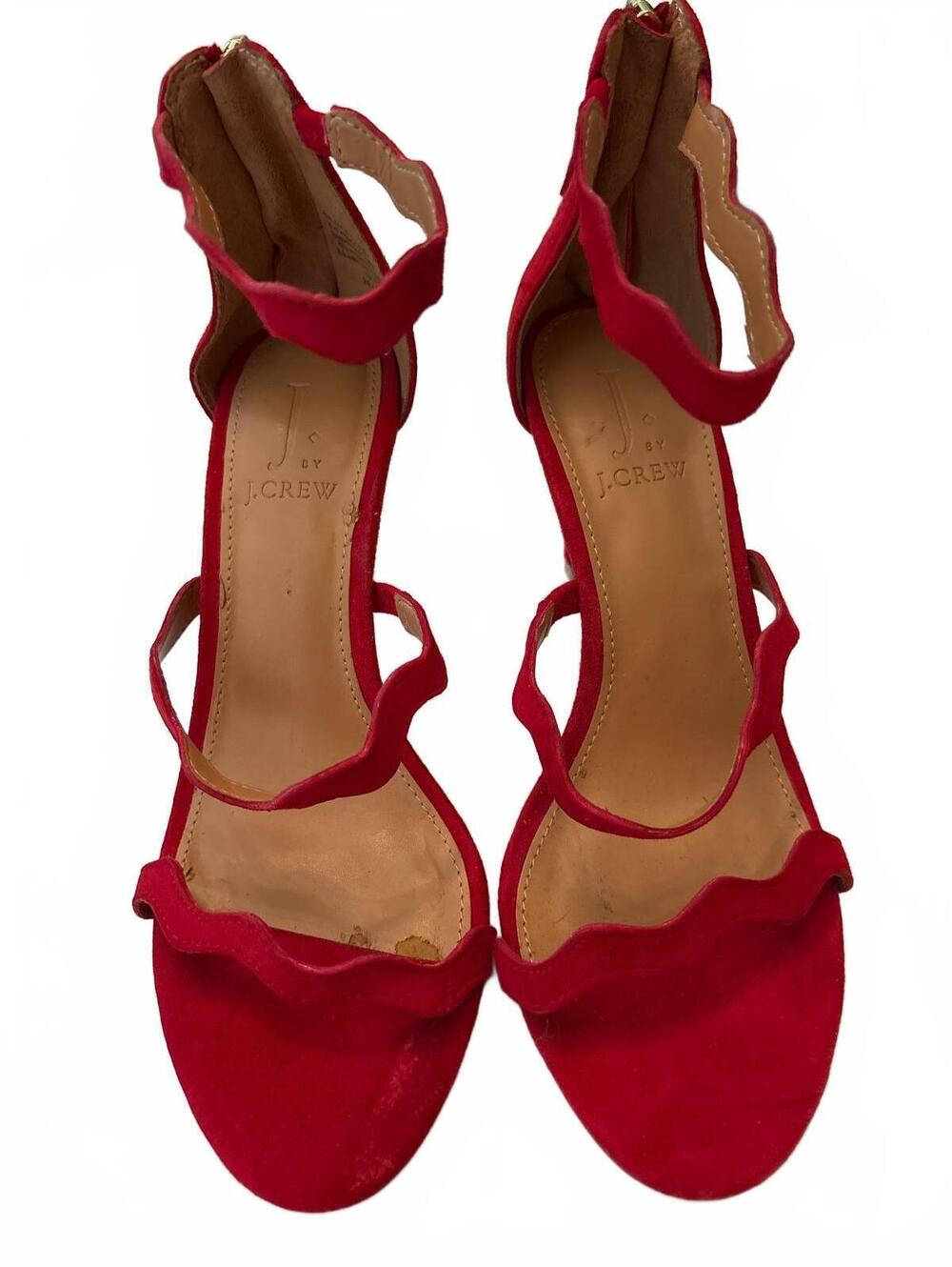 J. Crew Red 3-strap scalloped suede heels 6